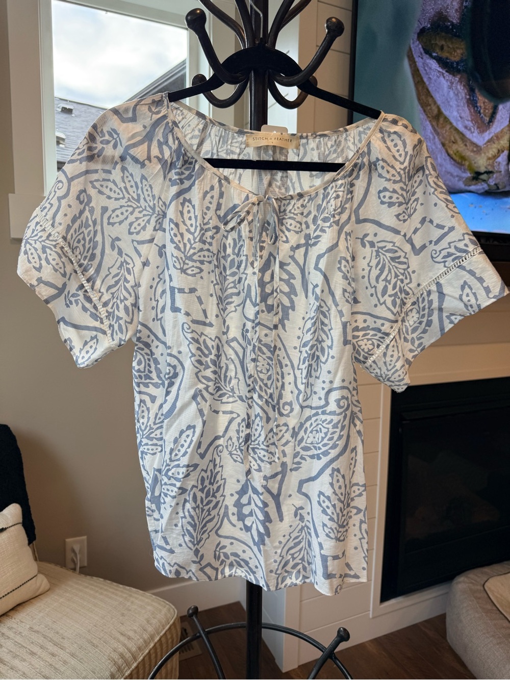 Stitch + Feather Light Blue Botanical Tie-Front Blouse
